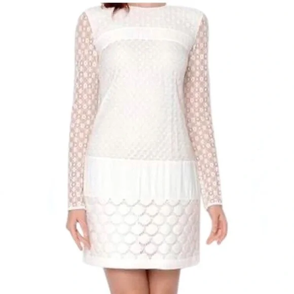 DIANE VON FURSTENBERG DVF Ivory New Enny Banded Lace Long-sleeve Cocktail Dress DIANE VON FURSTENBERG DVF Ivory New Enny Banded Lace Long-sleeve Cocktail Dress